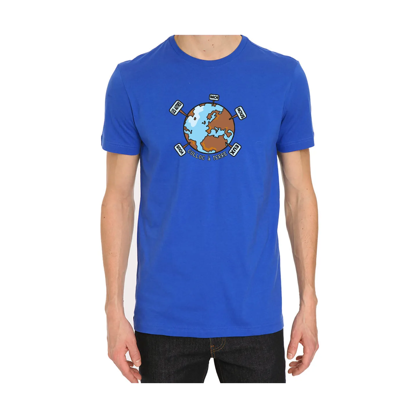 Tee shirt homme "coloc à terre" bleu en coton biologique