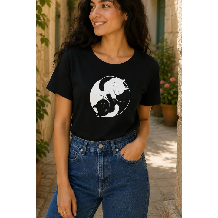 T-shirt femme manches courtes YING YANG CAT issu de commerce équitable