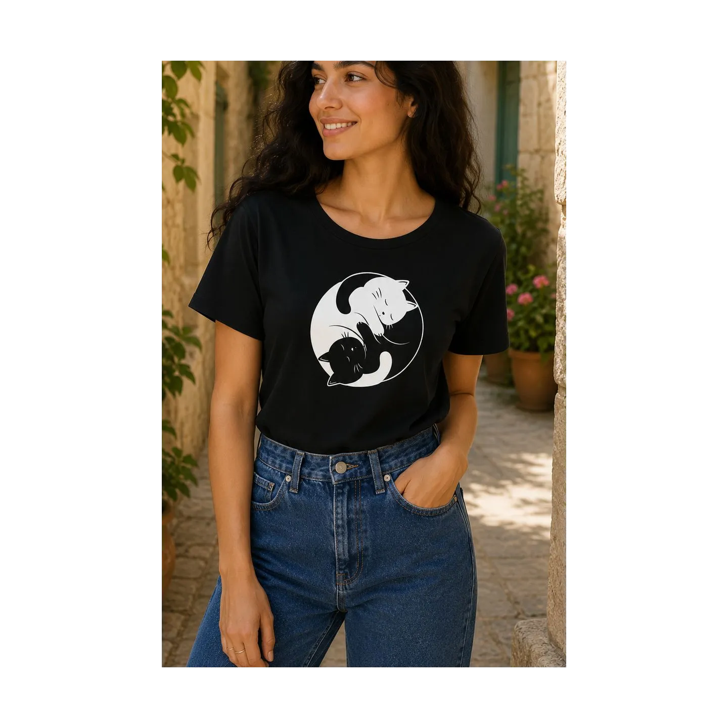 T-shirt femme manches courtes YING YANG CAT issu de commerce équitable