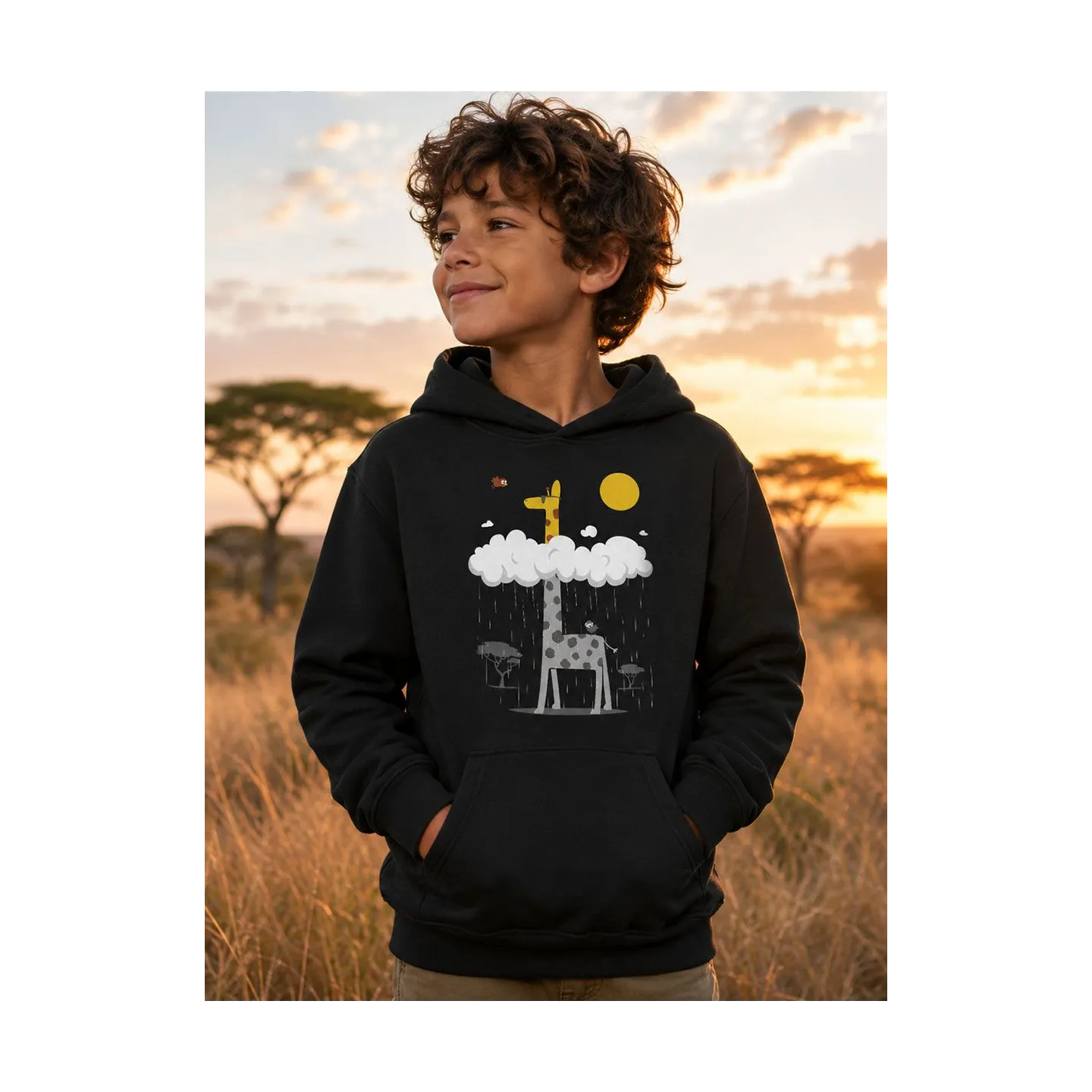 Sweat capuche enfant  "Girafe au soleil" 100% coton  bio issu de commerce équitable 